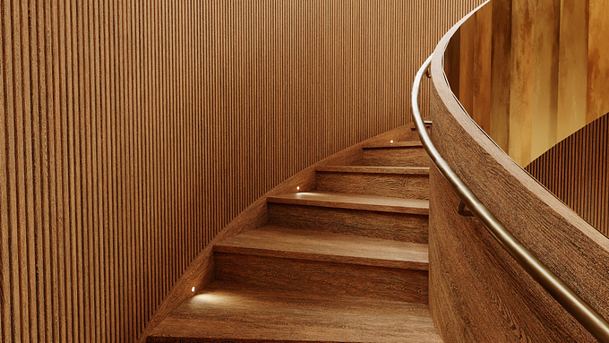 Luxurious staircase with a marble swell step, oak stairs and fluted walls, and brass cladding wrapping around the exterior of the staircase.