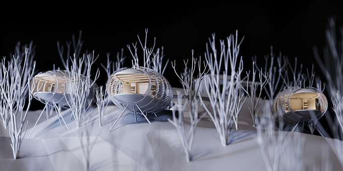 Studio Saxe - https://www.studiosaxe.com/
Recreation of a physical model from a project in process called Jungle Pods by Studio Saxe.