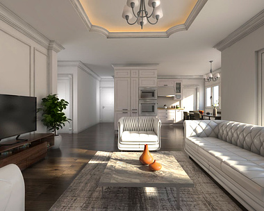 Neoclassic interior, living room+kitchen