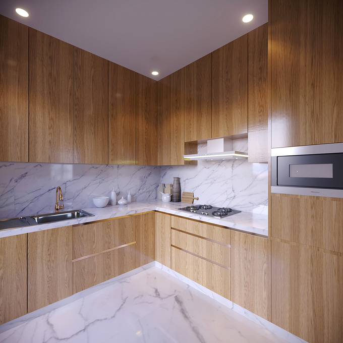 PSdesign
A Small kitchen area rendered in a Wide angle.