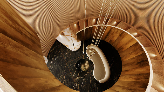 Luxurious staircase with a marble swell step, oak stairs and fluted walls, and brass cladding wrapping around the exterior of the staircase.