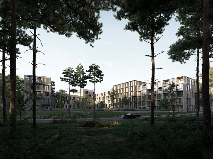 A wonderful combination of architecture and nature. There are also a lot of plants and trees inside the complex. Located on the outskirts of Gothenburg, the residential complex blends in well with its surroundings.