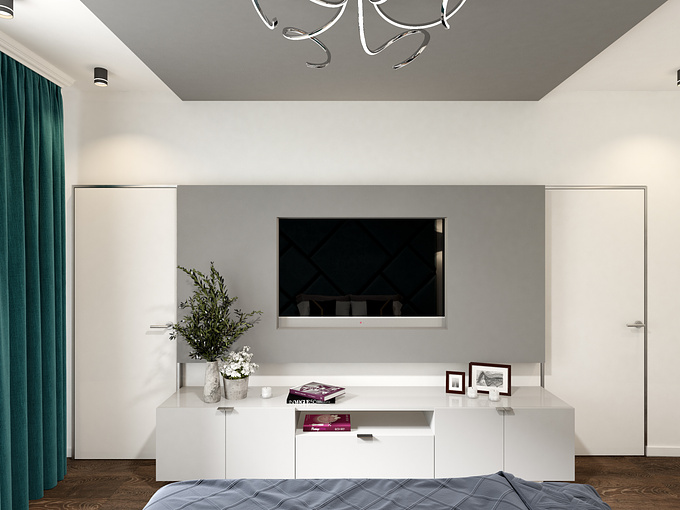 http://visavj.com/portfolio/modern-bedroom-visualization/
MODERN BEDROOM VISUALIZATION 3D INTERIOR
The designer made the modern bedroom visualization  in the interior in a contemporary style. In the photo-realistic pictures you can see that the room is designed according to trends of 2018-2019.

The main colors in the interior designer chose white and gray. To make the bedroom look modern, the designer decided to add a turquoise color. This color is present on the curtains and chair. It is the turquoise color that gives the modern bedroom visualization a contrast and style.

Also impossible not to pay attention to the chandelier of unusual shape. It perfectly matches the interior. A spot and wall lights illuminate the room well in the evening. And if you want to add some romanticism in your room, you can light candles and turn off the light.

The ceiling is not simple. In the middle of the room, above the bed, the ceiling is lowered by 20 cm. It is of gray color. Therefore, on the visualization of the bedroom, you can clearly see that the ceiling is of two colors.

Of course, in the bedroom should be a dressing table. In this room, the dressing table consists of a single piece of wood and a mirror to its full height. Wide linear illumination designer placed along the edges of the mirror.

Pictures, photo frames and fresh flowers also look very harmonious on the wall.  Also the dark parquet makes the room modern.

Above all the bedroom has three doors. Certainly one entrance (gray), the other to the dressing room and the third to the bathroom.

You can also see the kitchen, living room, small bathroom, located in the same house on the first floor.

Of course, if you want to see your premises before construction, VisAvj Studio is alway
