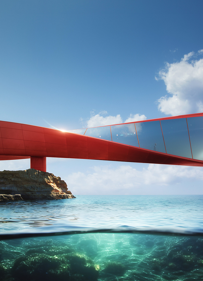 Under the clear blue sky, witness the beauty of minimalist architecture and a touch of modern elegance as the red bridge corridor floats above the tranquil beach.