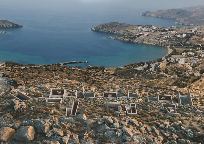 The Cycladic landscape of Tinos with its strong features and rocky morphology brings the need for an architecture integrated with this land. Six cave houses in a linear arrangement are developed next to each the other, following the terrain. Caves dug into the earth, accompanied by volumes that protrude from the slope like rocks, create a system of voids and solids.

The common areas constantly frame the sea view through large openings. The limits of the indoor and the outdoor become indiscernible as the “inside” extends to the “outside” through U-shaped volumes, which, like engravings in the ground, intensify the 
