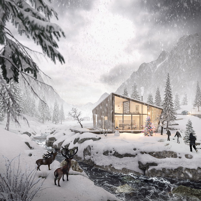  - http://www.wolf-va.com/
The intention of this project was to create a nice Christmas image to share them with our partner customers. It was our gift for them and we really enjoyed doing it.

The image are fully 3d, we used 3dsmax for modeling and compositing, Megascans for texture and for scanned rocks. Vray next for rendering, Phoenix FD for realistic river, Displacement Height map for background mountains, Itoo Forestpack for scattering trees (evermotion) and scattering snow on every trees.
One of the greatest challenges was making realistic snow. In the end, it was a combination of Itoo Forestpack for scattering a single plane, and Frost MX to convert every single plane in snow. We also used Megascans for all the texture mixing different surfaces with Quixel Mixer.
Another big challenge was creating a realistic creek, Phoenix FD was fondamental to achieve this result. We exported the simplified basic riverbed, we added the scanned rocks and we run the phisic simulation for two days and a half (800 frames)!!

Our goal was to create a magical Christmas feeling. The scene tells the story of a family that celebrates the holidays spending beautiful time in their chalet in Switzerland.
During the evening the three older brothers went outside to observe two reideers that stopped by the creek for drinking.
Inside the house you can see two young parents holding a newborn, and enjoying the scene from the living room.

Happy Holidays from all the Wolf Team!